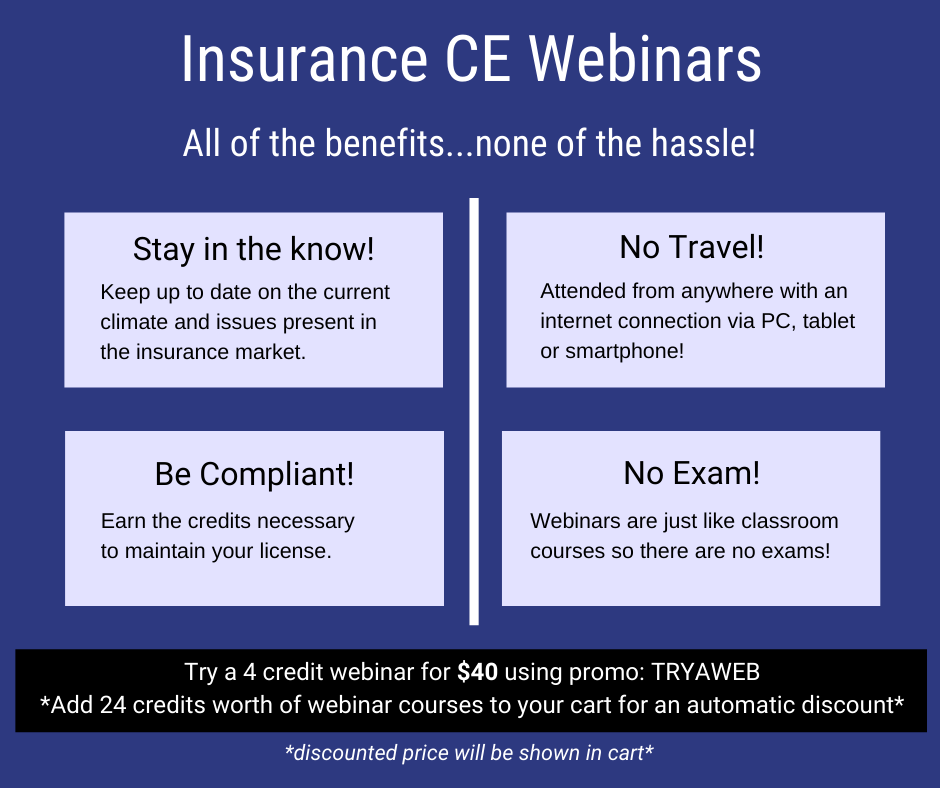 Insurance continuing education webinars are live insurance courses with no exam.